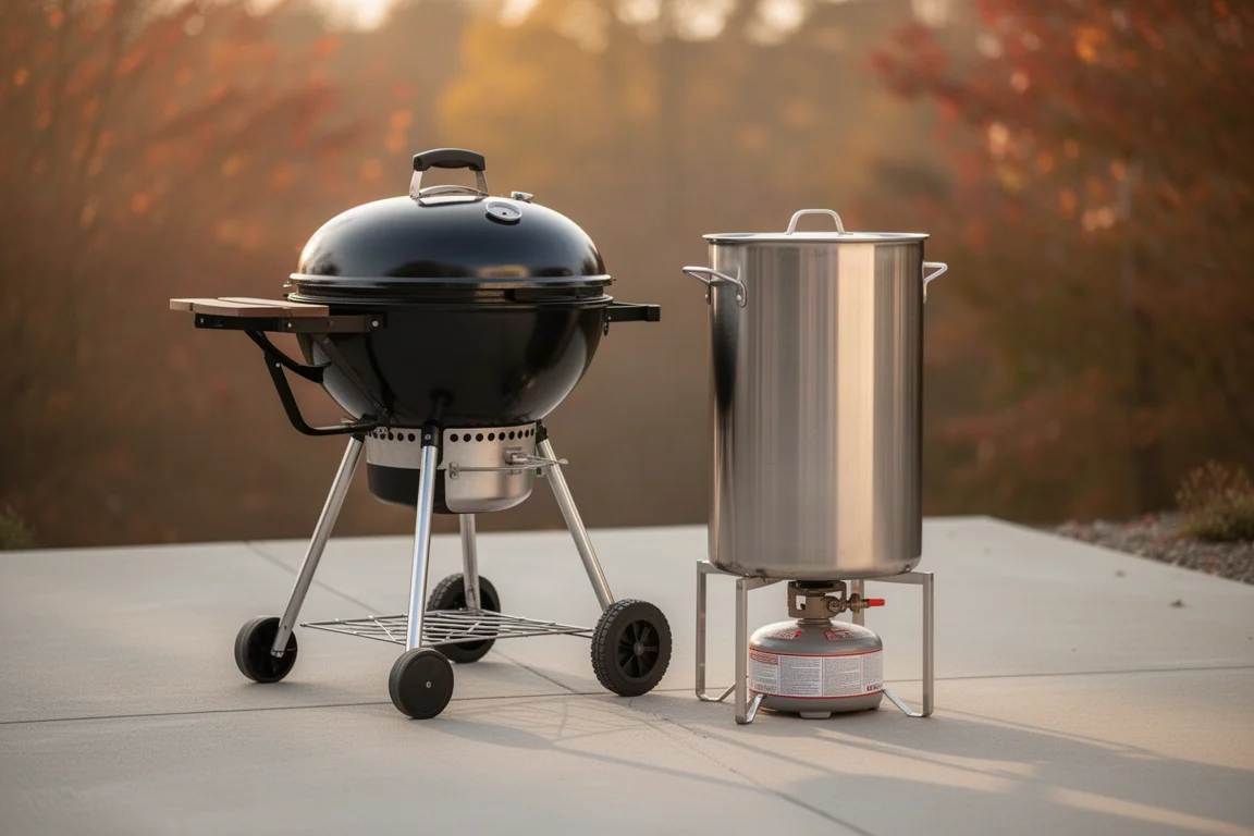 Kolgrill och rostfri friteringsgryta för kalkon på en betongterass