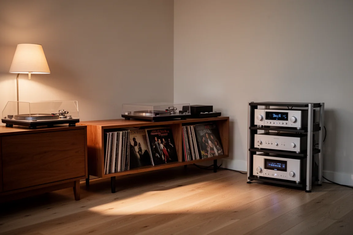 Listening room corner at dusk with vinyl records, a turntable, and a compact audio rack
