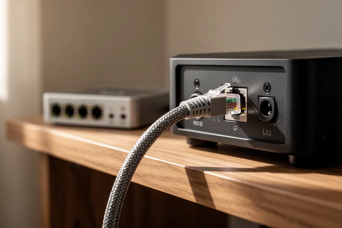 Ethernet cable plugged into the rear panel of a compact audio component on a shelf