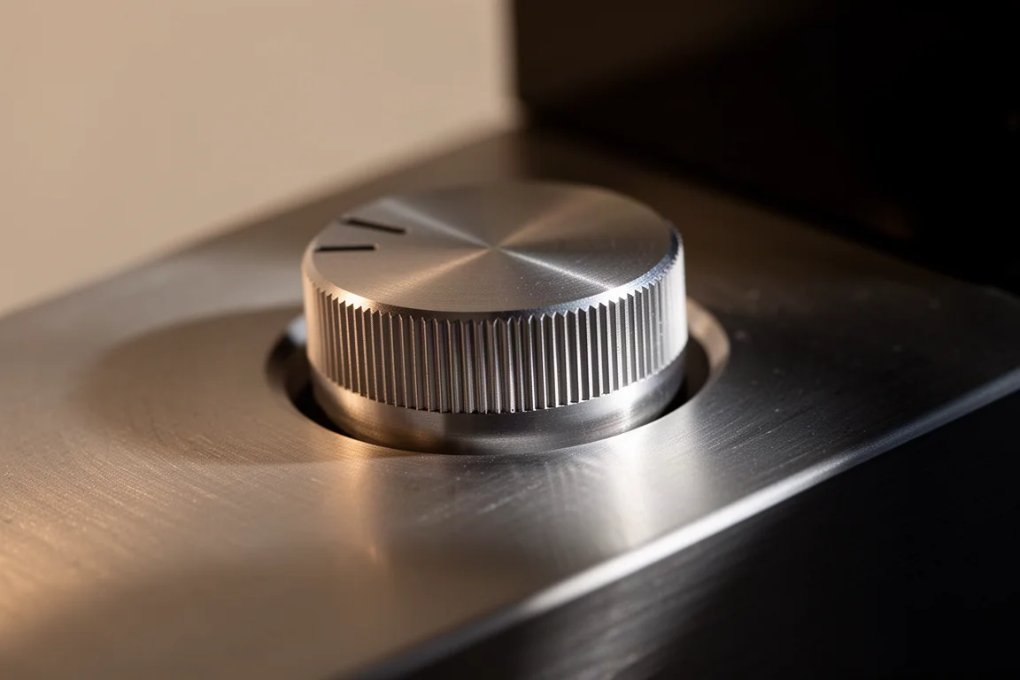 Close-up of a knurled aluminium rotary control on a brushed metal top plate