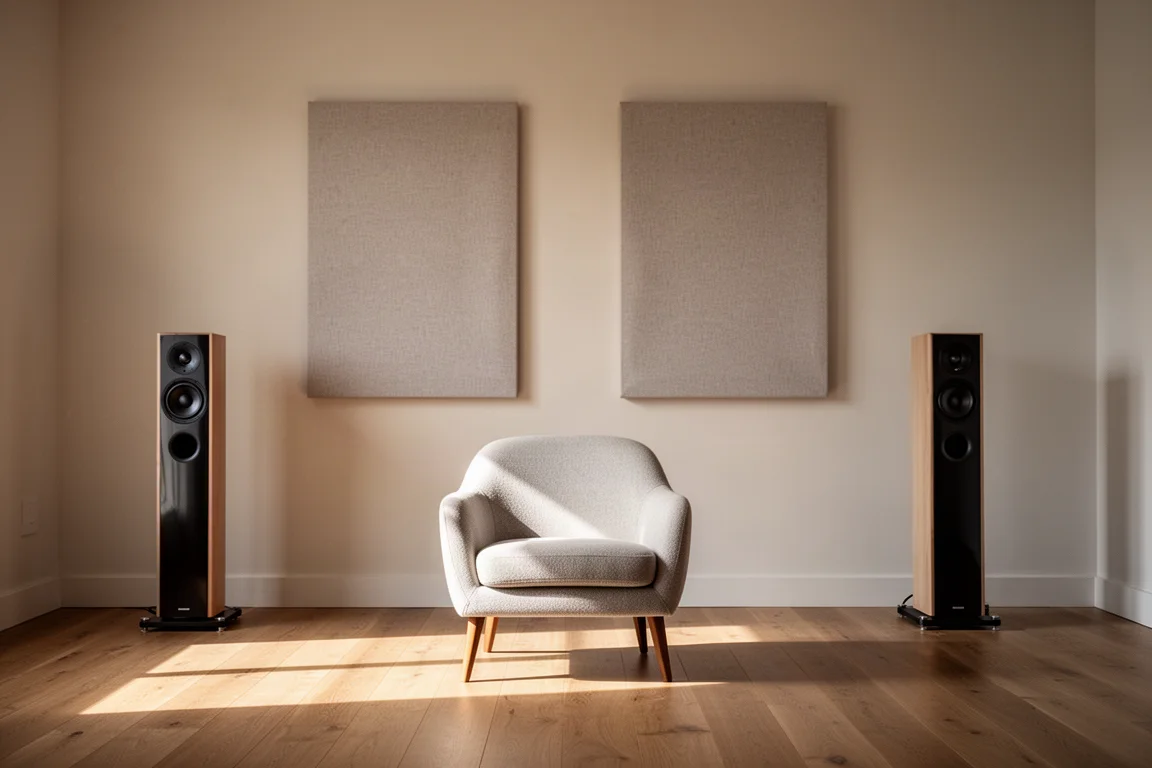 Treated listening room with acoustic panels, an armchair, and floorstanding speakers