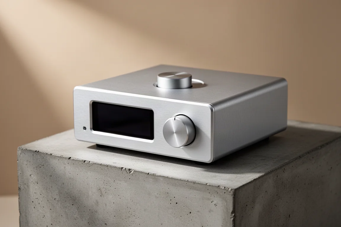 Compact silver streaming DAC and preamplifier photographed at an angle on a concrete plinth