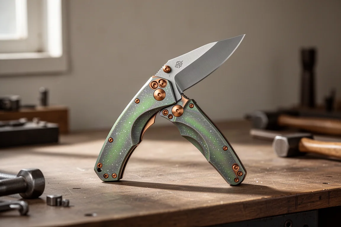 Grimsmo Norseman folding knife with green anodized handle and recurve tanto blade on a wooden desk