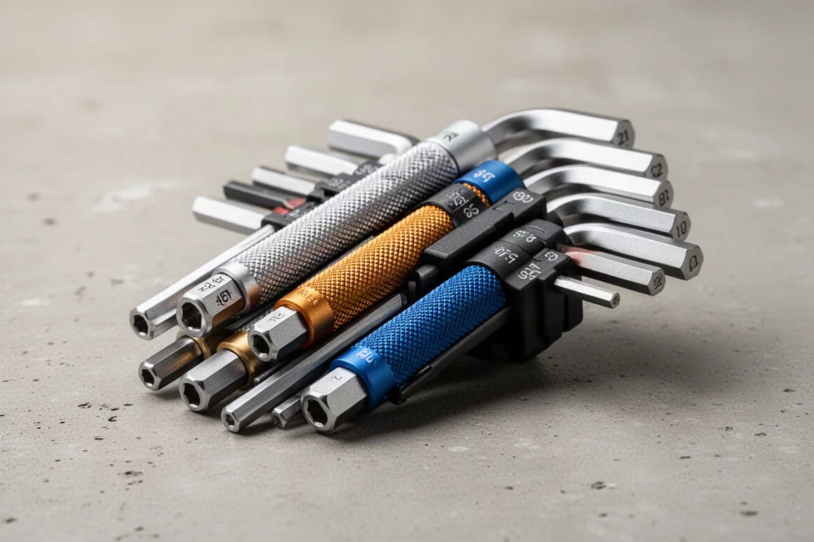 Nine hex L key sets arranged in rows on a matte concrete surface