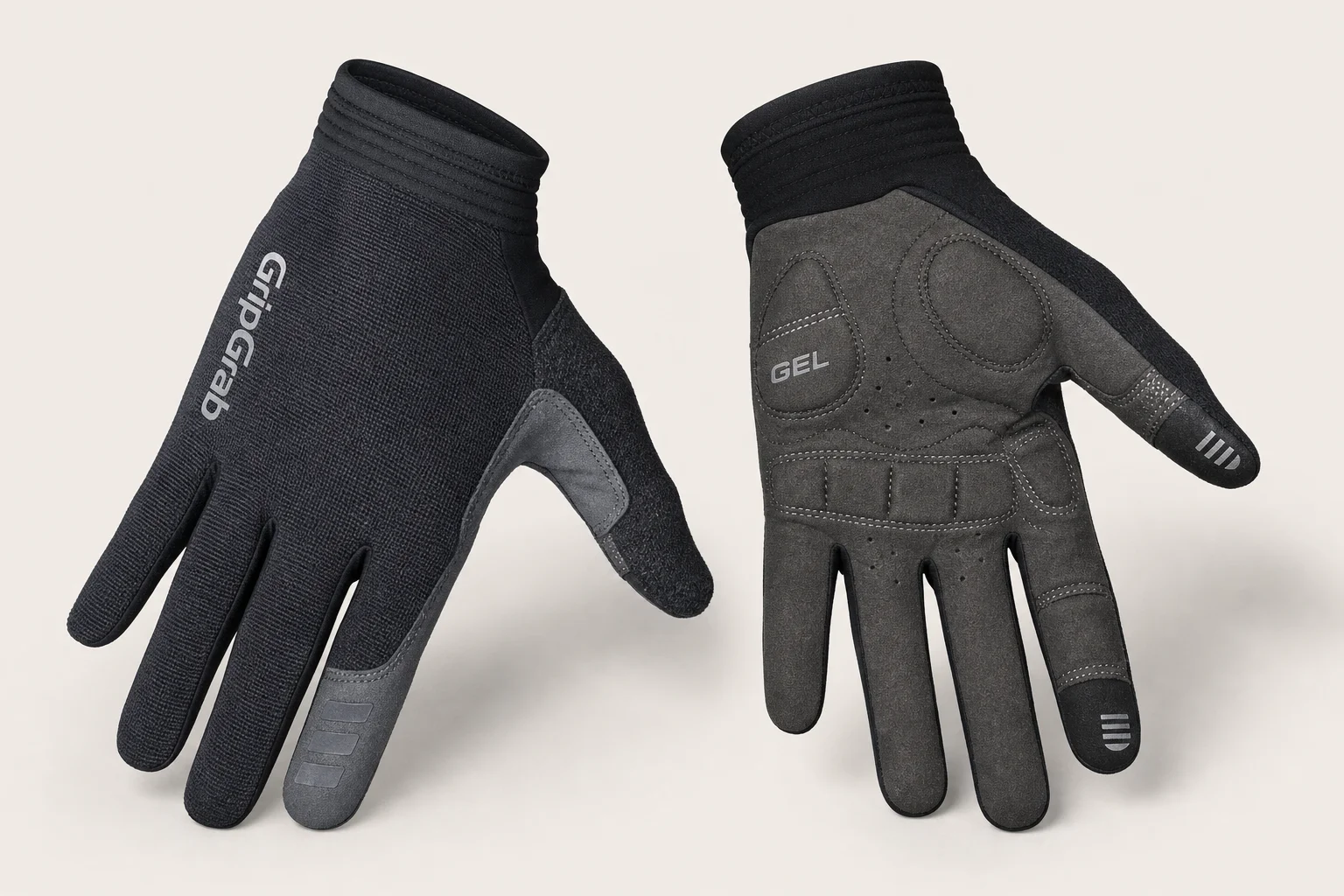 Five mountain bike gloves arranged on concrete showing different designs and protection levels