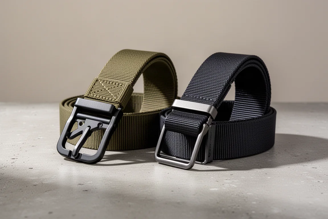 Olivgrüner Groove Belt und dunkelgrauer Trayvax Cinch Belt auf einer Betonfläche