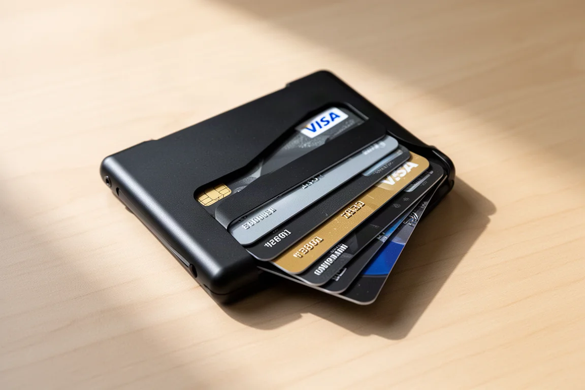 Zes creditcards gestapeld in een aluminium kaartenportemonnee
