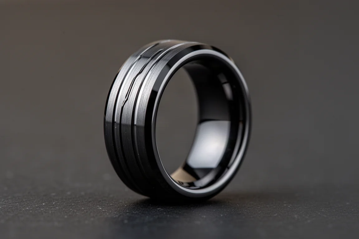 Zwarte ring van wolfraamcarbide met zichtbare groeven aan de binnenzijde
