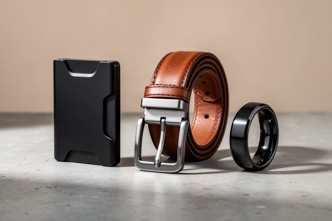 Groove Wallet 2.0, Groove Belt Max Leder-Gürtel und schwarzer Metallring auf Beton arrangiert