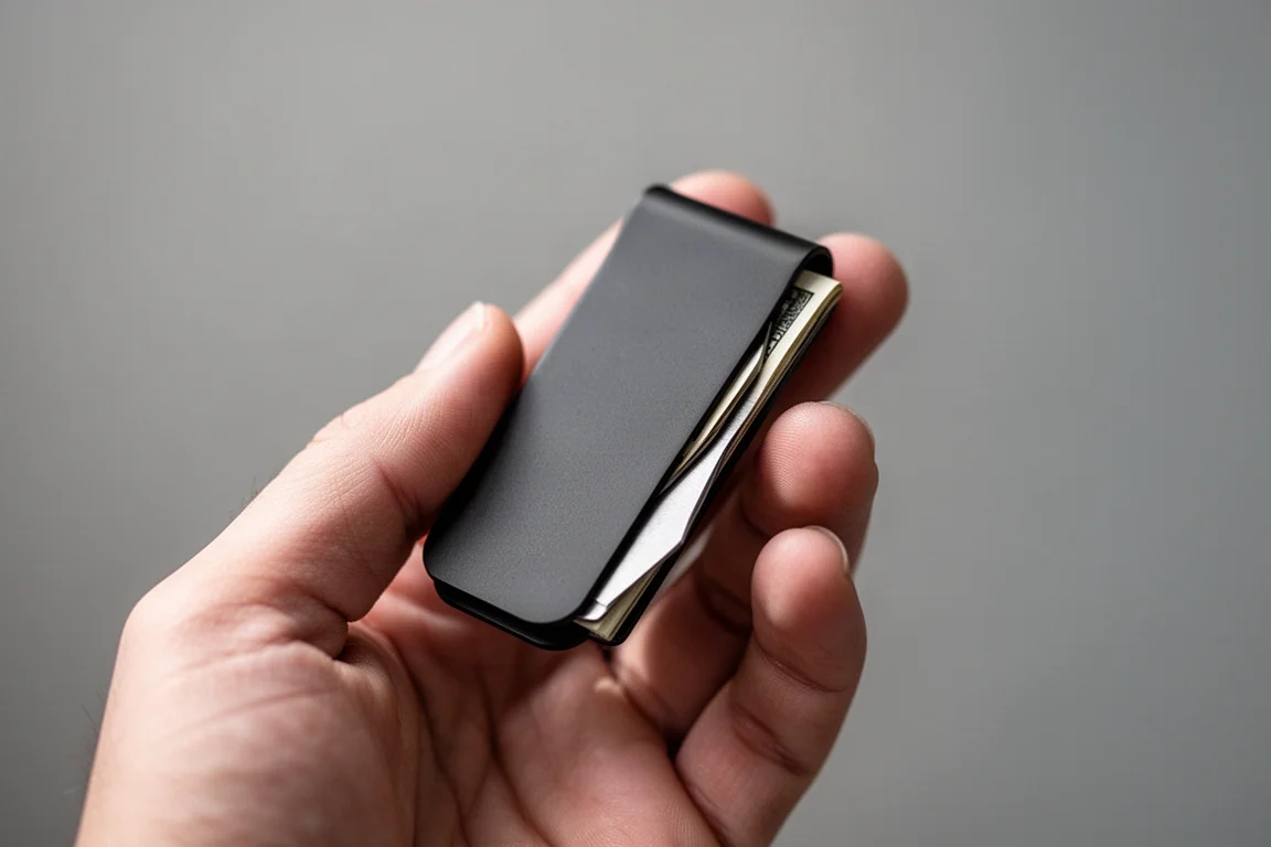 Coltello portabanconate nero compatto tenuto in mano che mostra il suo profilo chiuso sottile