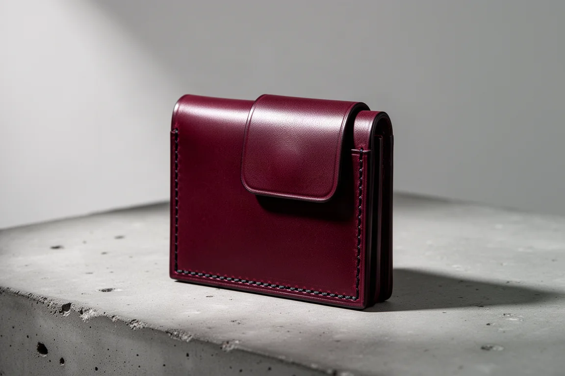 Portacarte minimalista in pelle pieno fiore bordeaux con cuciture nere su superficie di calcestruzzo