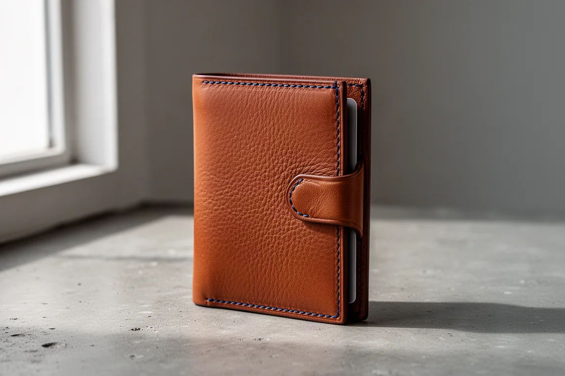 Brown full grain leather minimalist wallet with navy stitching on concrete