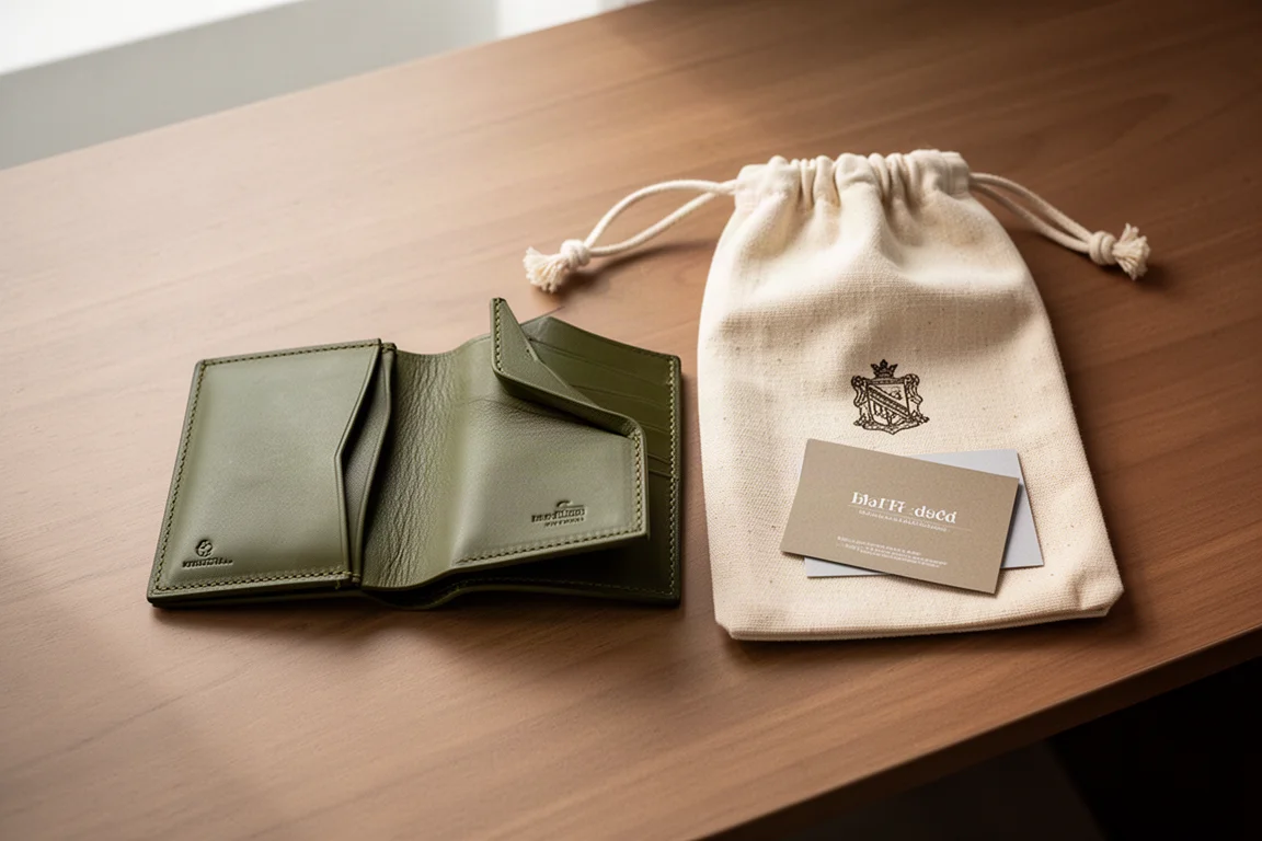 Olive leather wallet beside the fabric pouch and packaging it ships with
