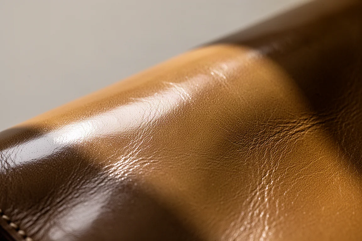 Close-up of glossy full grain leather showing soft sheen and smooth grain