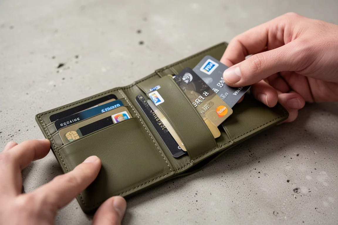 Hands loading cards into the internal pockets of a leather wallet