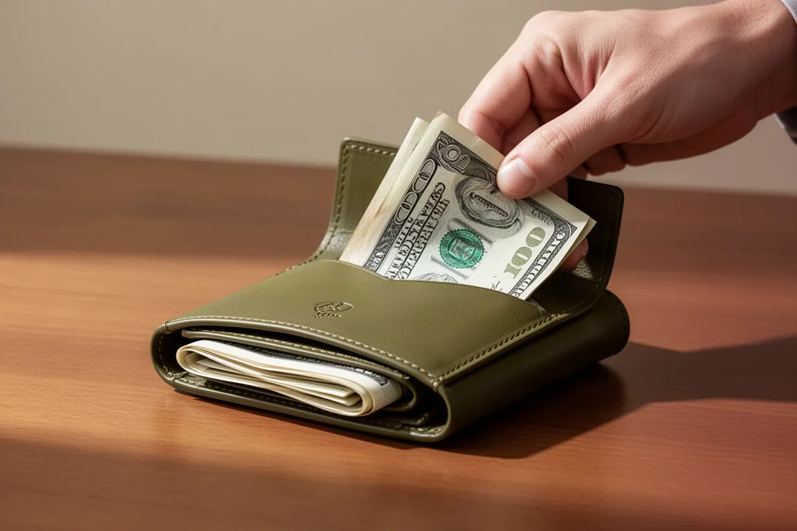 Folded cash being placed inside the rear pocket of a leather wallet