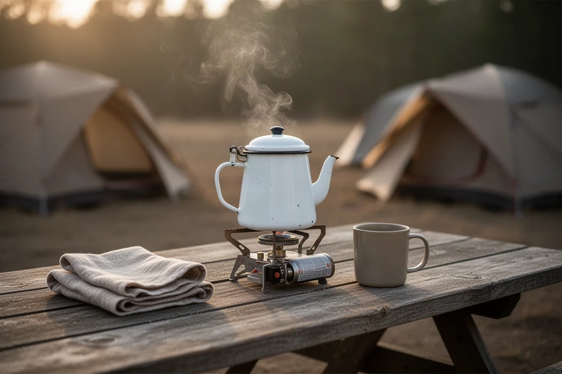 Camping-Kaffeeszene bei Sonnenaufgang mit Emailletopf auf einem tragbaren Kocher