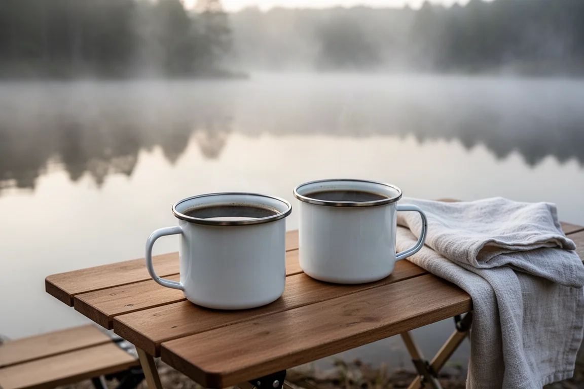 Zwei Emailletassen Kaffee auf einem Campingtisch an einem See