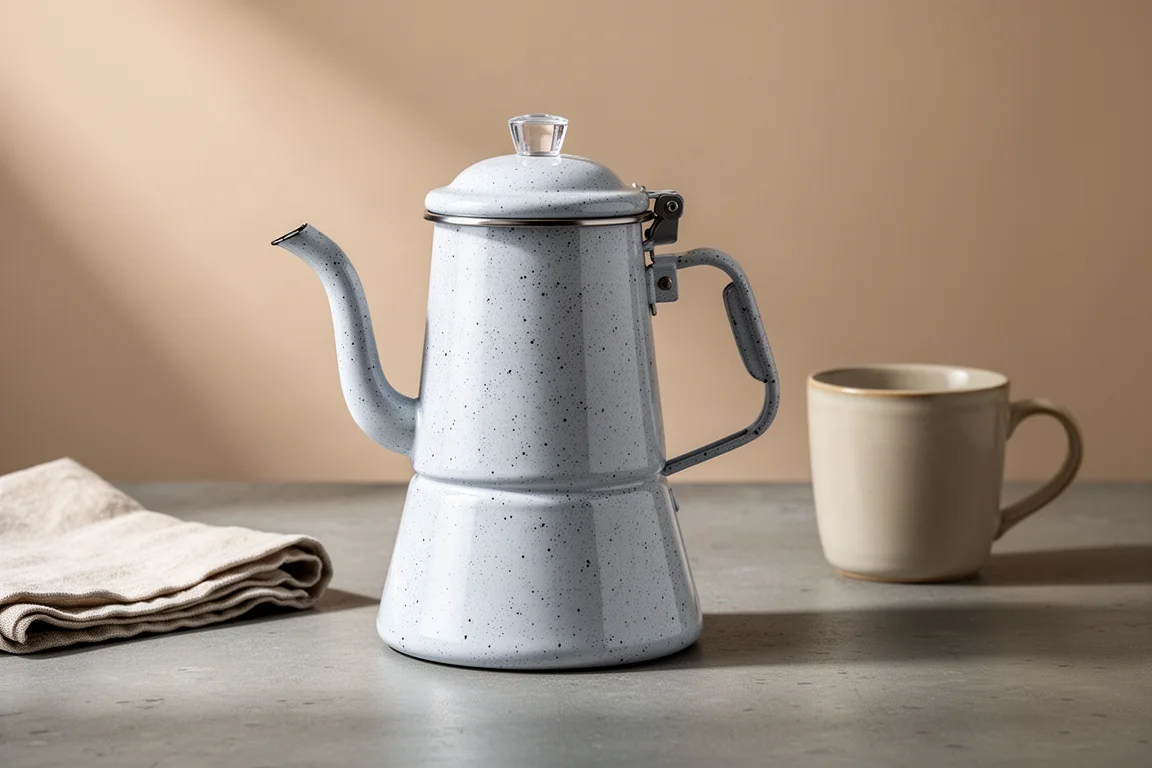Enamel camping coffee percolator on a concrete surface beside a cloth and mug