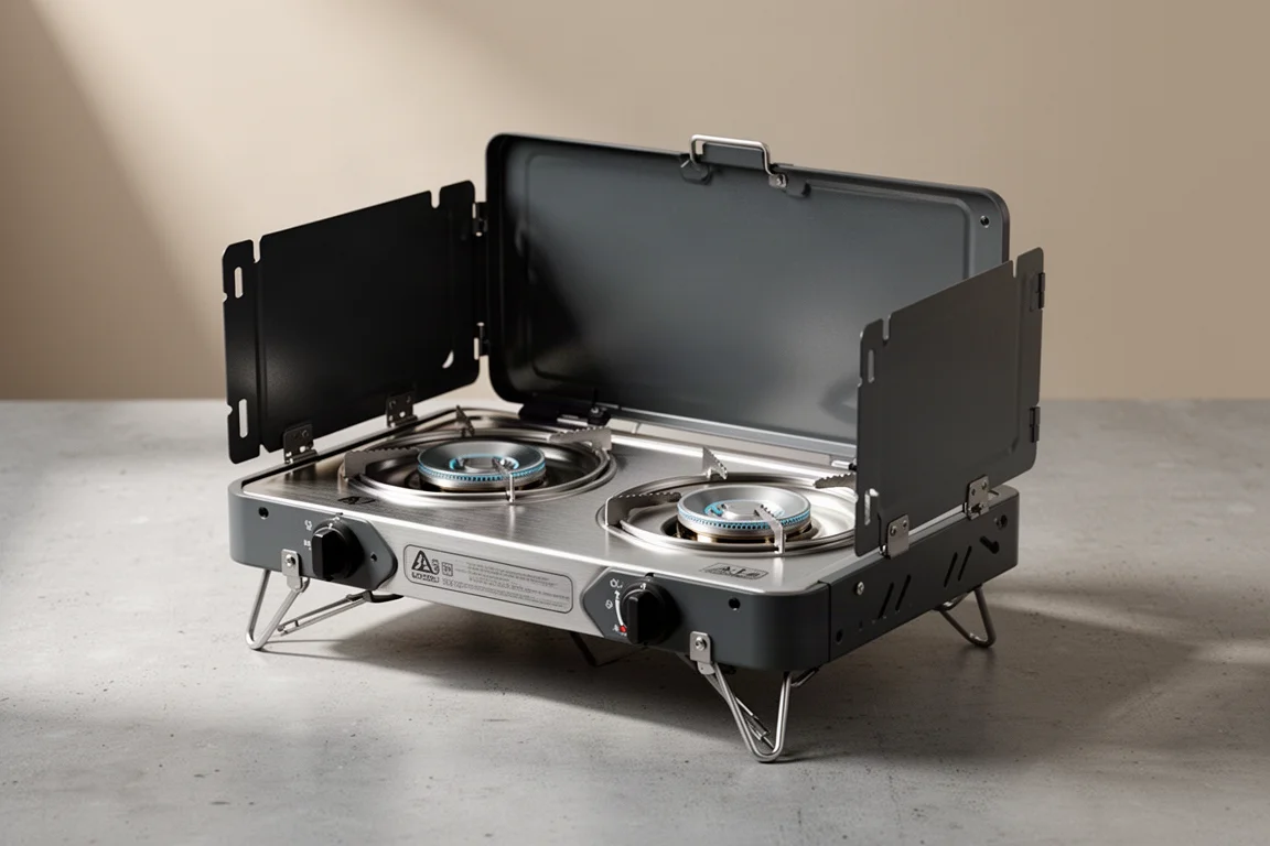 Slim two-burner camping stove with lid, grates, and control knobs on a concrete surface