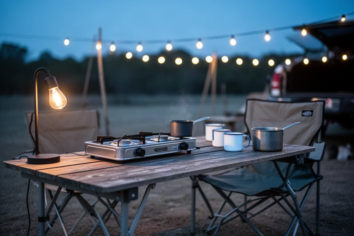 Tailgate camp kitchen at dusk with a slim two-burner stove, mugs and a small pot on a wooden table
