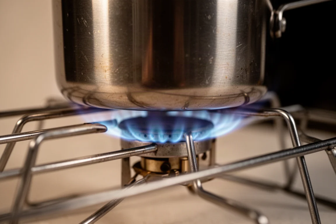 Close-up of a low blue flame ring from a camp stove burner beneath a stainless steel pot
