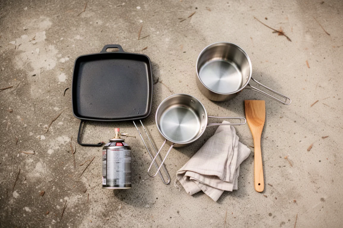 Overhead flat-lay of camp cooking gear including a cast iron griddle, pots and a propane canister