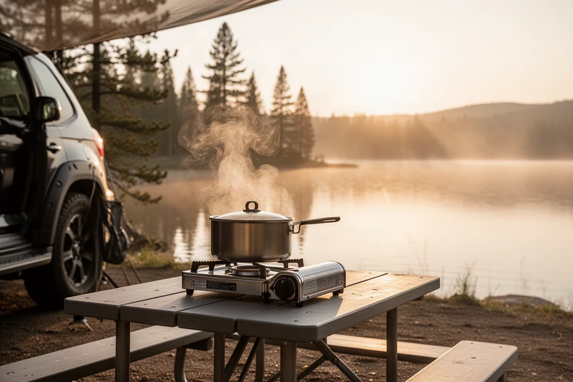 Lakeside car camping scene at golden hour with a compact two-burner stove on a picnic table