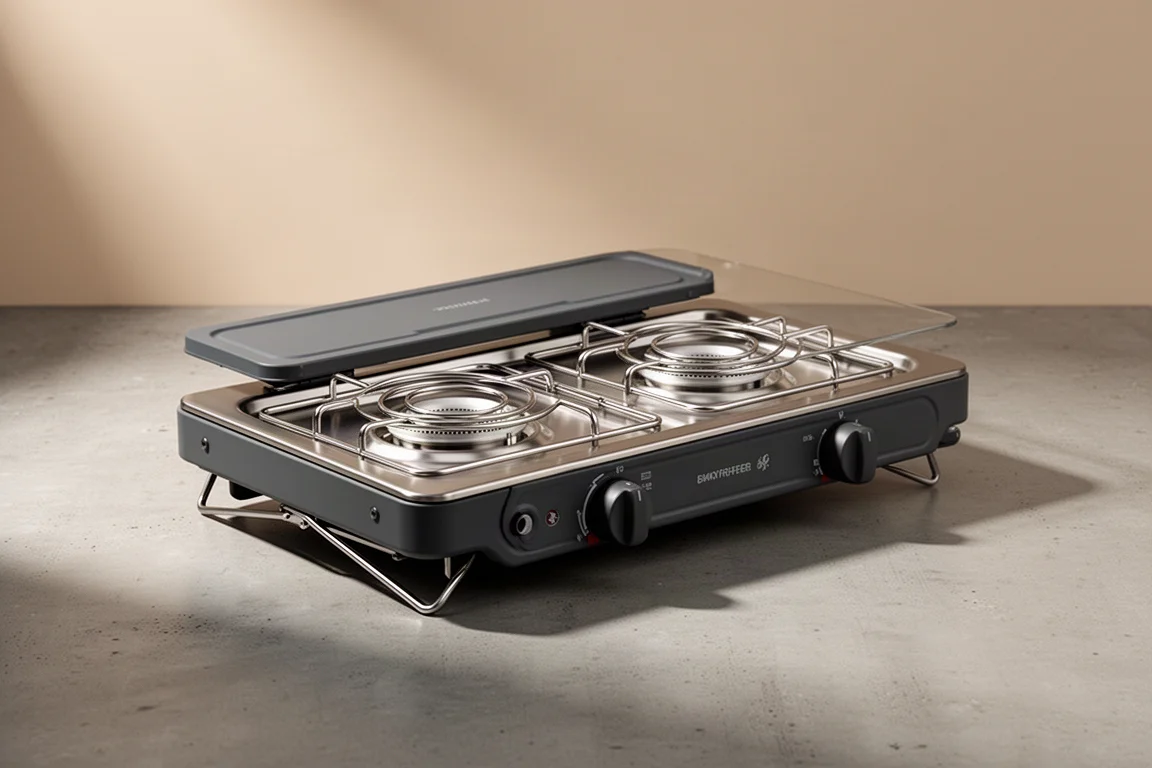 Slim two-burner camping stove with folded lid and legs on a matte concrete surface