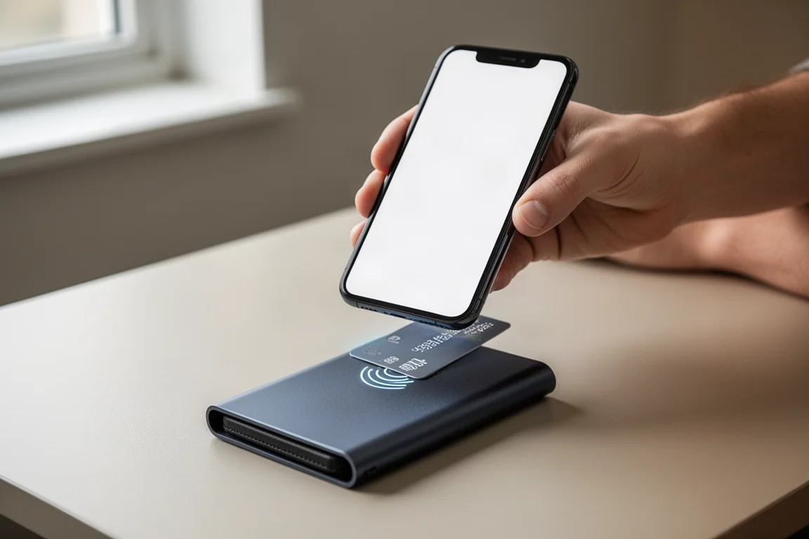 智慧型手機靠近錢包以設定其 NFC 社交卡片