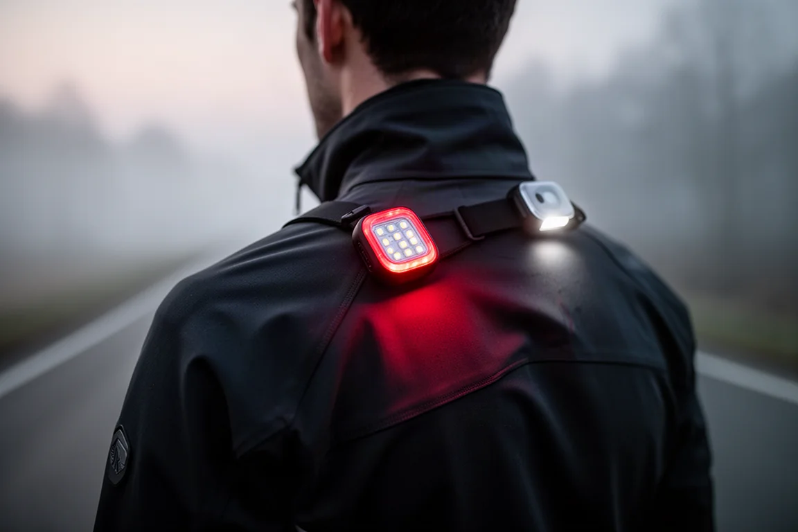Lampe de sécurité portable fixée à l'épaule d'une veste, émettant de la lumière par faible visibilité