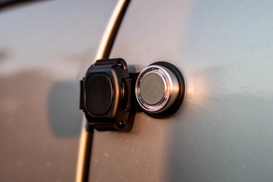 Puissant aimant en néodyme fixant une lampe de sécurité sur une surface métallique de véhicule