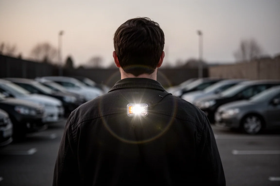 Personne portant une lampe de sécurité clignotante traversant une zone extérieure sombre, clairement visible