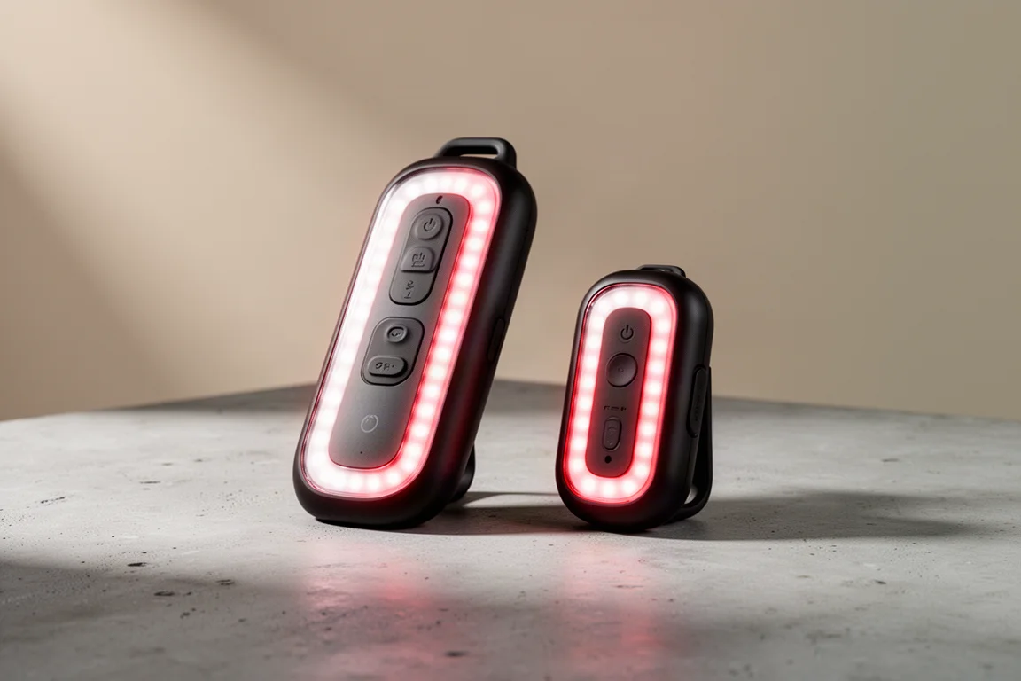 Guardian Angel Elite and Micro wearable safety lights on a concrete surface