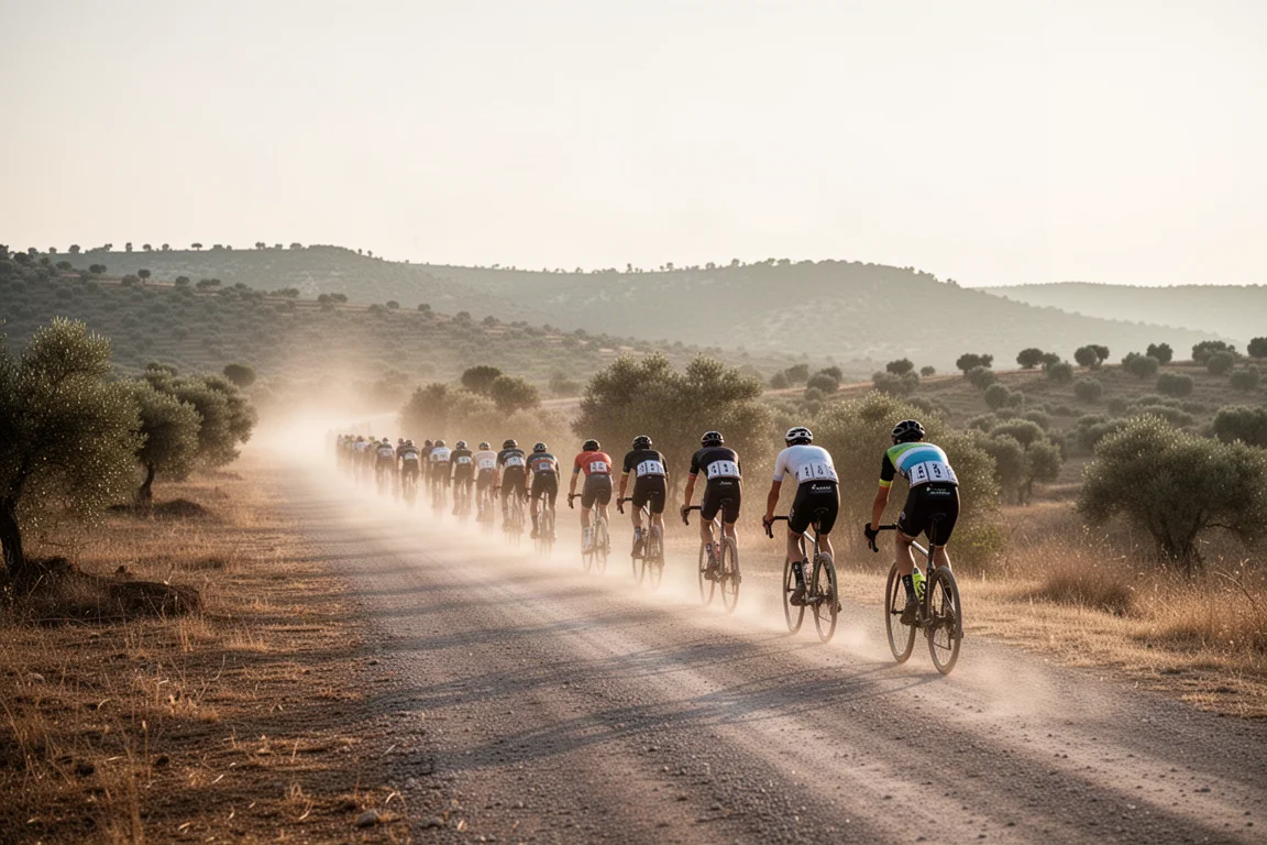 Gravel riders spread across a dry dusty track at sunrise during a long-distance race