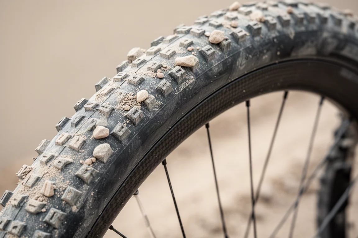 Close-up of a wide gravel rim and knobby tire coated in pale dust