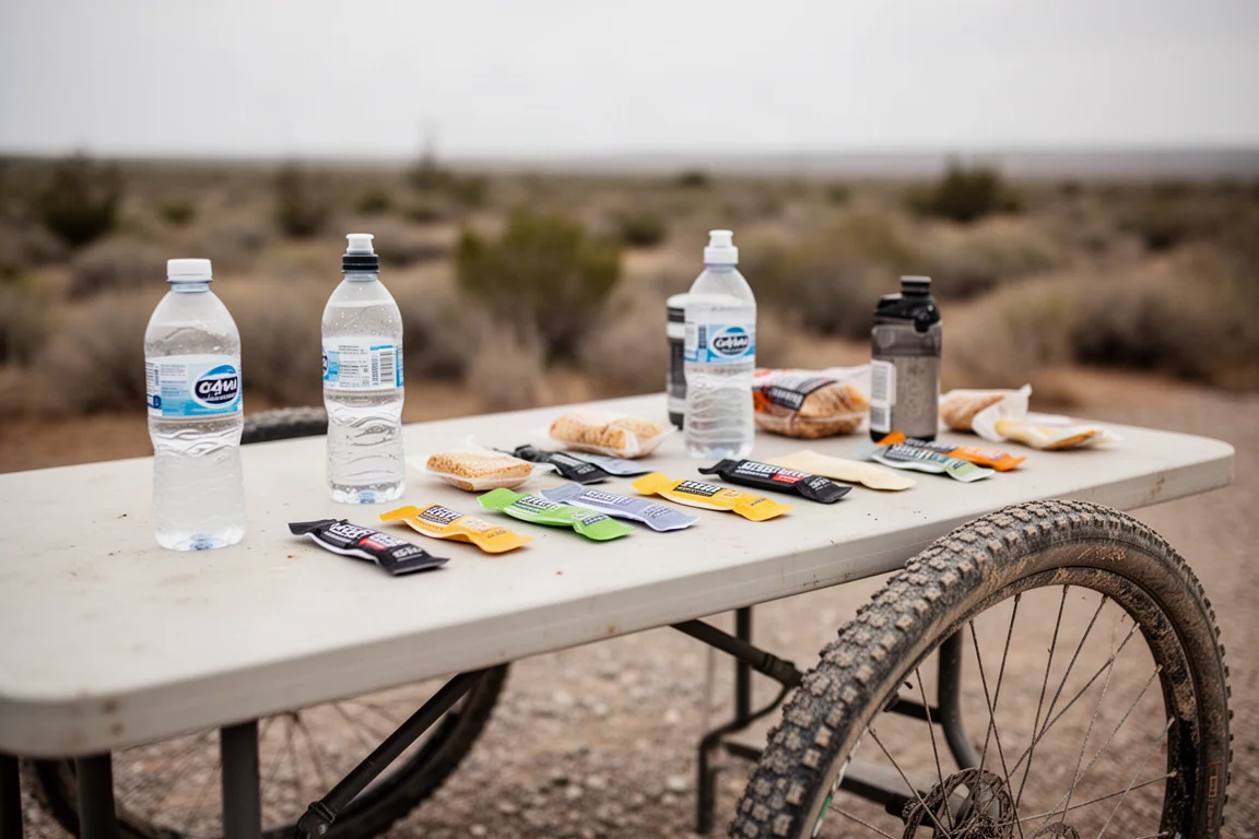 Rider refuelling at a gravel race feed station with bottles and food laid out