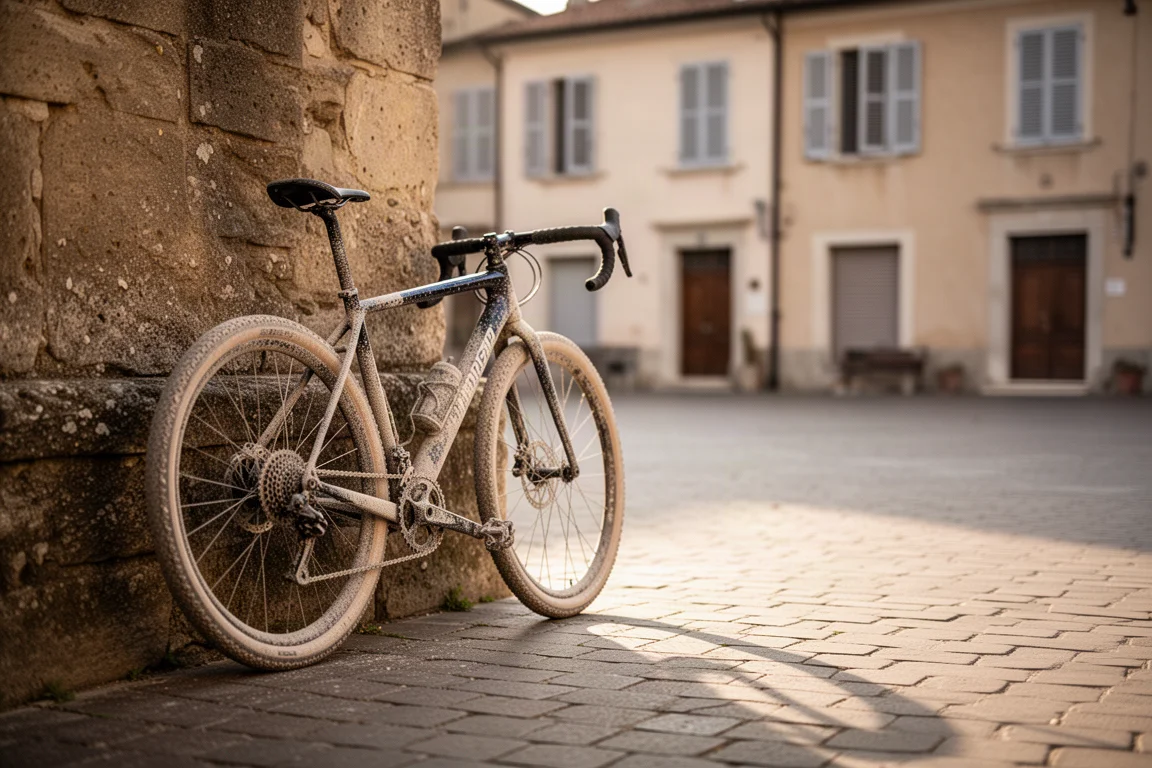 Dusty gravel bike leaning against a stone wall in a quiet town square