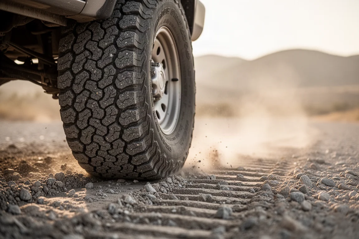 Primer plano de la banda de rodadura de un neumático gravel ancho en una pista de tierra mojada