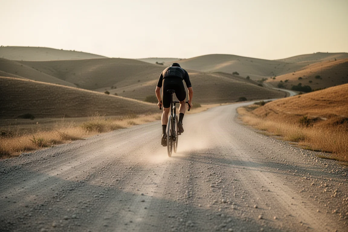 Ciclista de gravel rodando por una amplia carretera de grava clara entre colinas secas y onduladas con luz dorada de atardecer