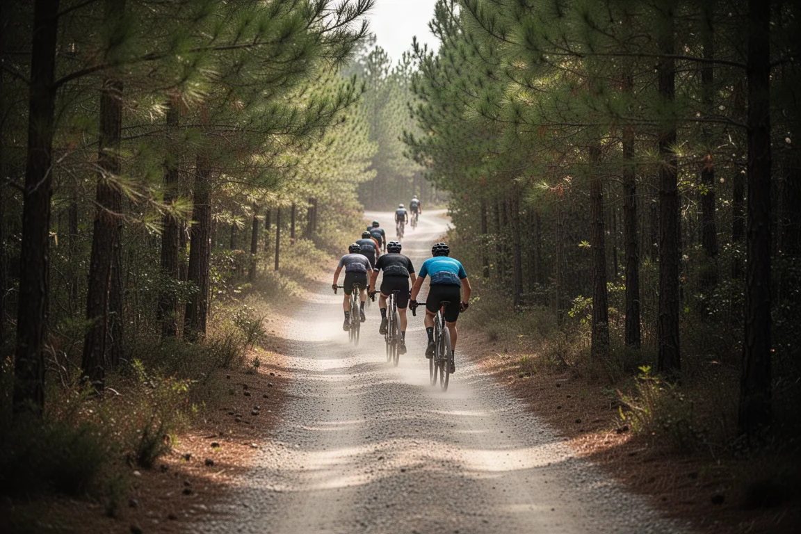 Grupo de ciclistas de gravel en una senda forestal estrecha con pinos y luz moteada