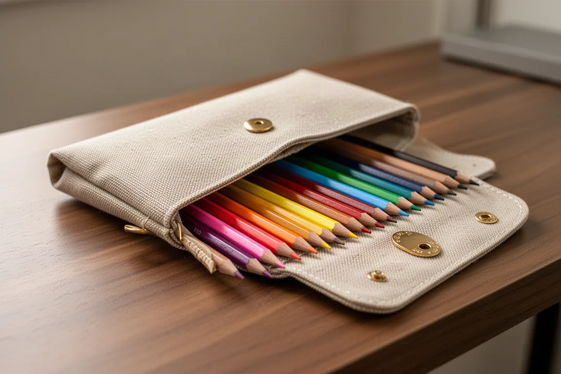 Aufgeschlagene Canvas-Stifterolle auf einem Schreibtisch mit komplettem Buntstiftsortiment