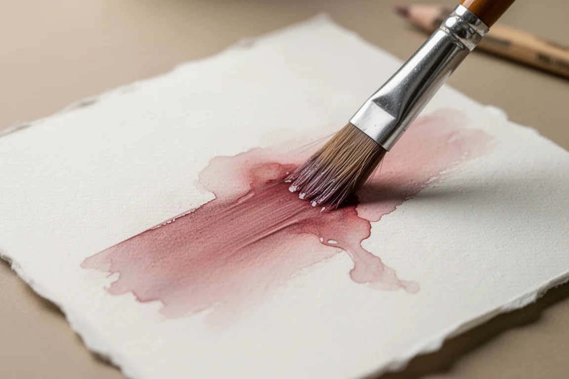 Aquarellstift-Pigment verschwimmt auf nassem Papier mit weichem Pinselstrich