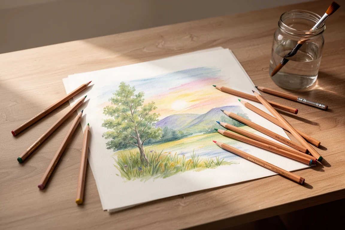 Künstlerschreibtisch mit fertigem Aquarellstift-Kunstwerk und verstreuten Stiften