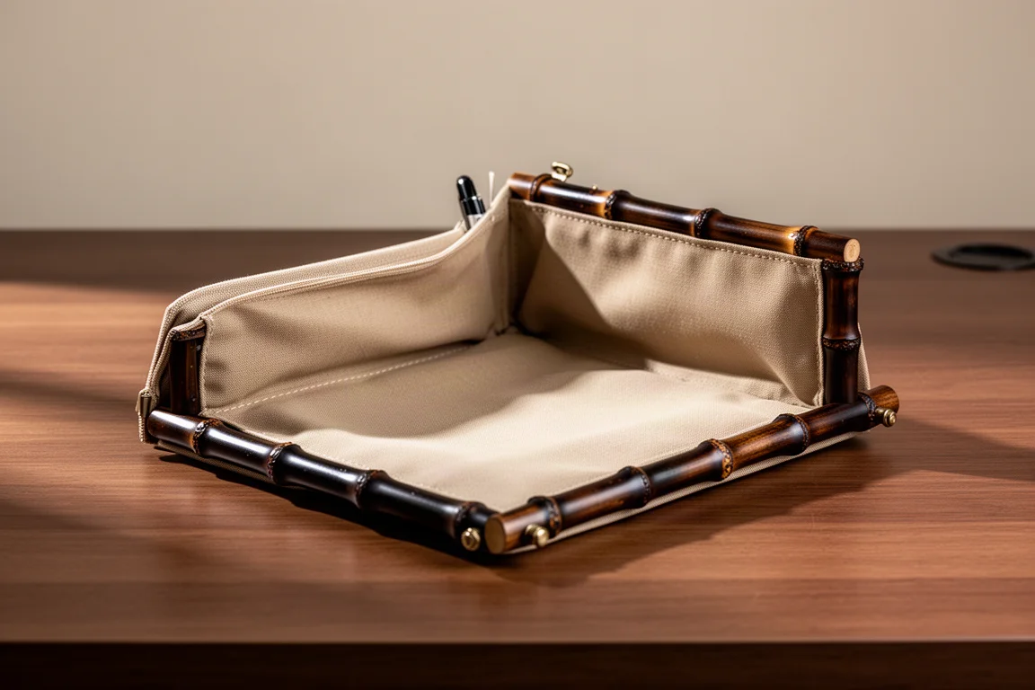 Pen pouch with bamboo frame opened wide on a wooden desk