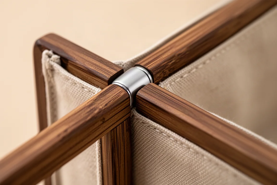Close-up of a bamboo frame meeting a magnet clasp on a pen pouch