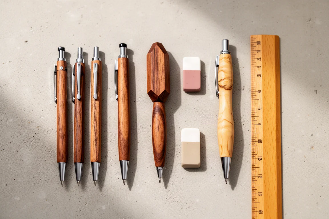 Assortment of wooden pens and mechanical pencils laid out on a desk