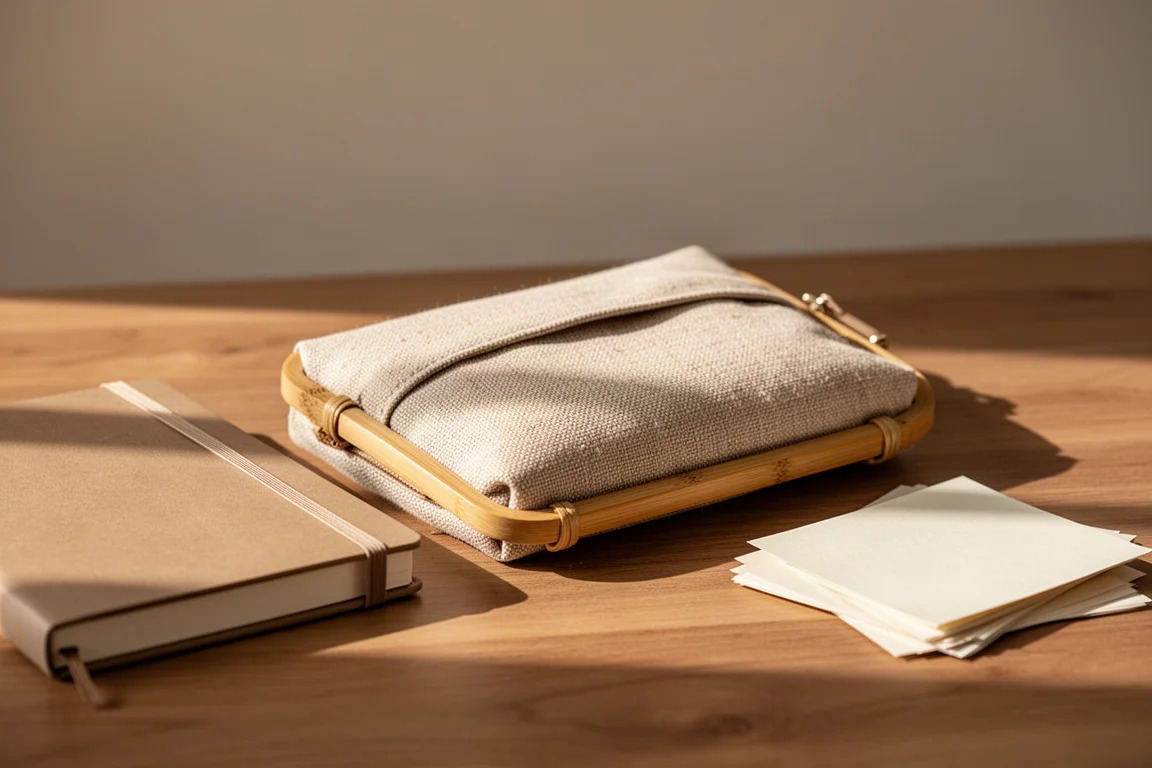 Pen pouch on a desk beside notebooks in warm evening light