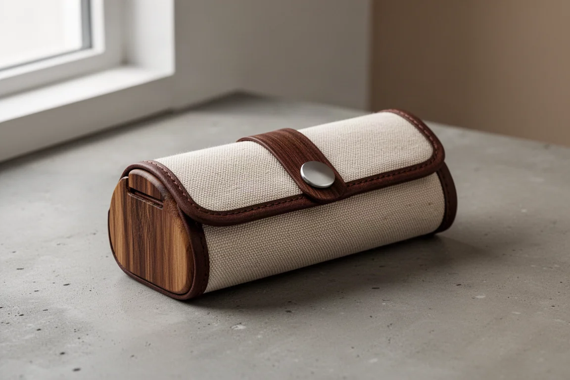 Gudy Life Pen Pouch con telaio in bambù e tessuto beige su una superficie di cemento