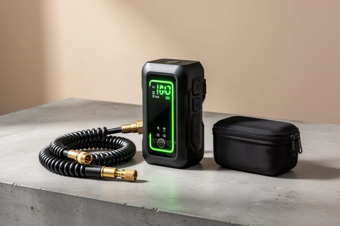 Compact jump starter and inflator unit with hose, brass fittings, and case on concrete